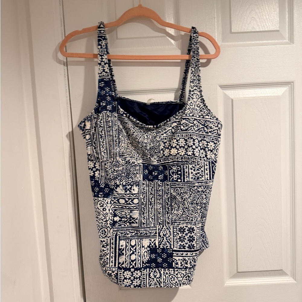 Lands' End Blue and White Patterned Swim Top